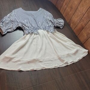 HAODUOYI Navy Stripe Amd Cream Chiffon Midi Dress Large